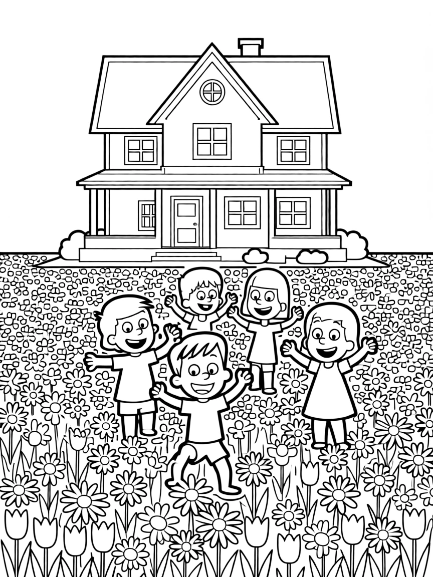 The Loud House dancing in a field of flowers, in front of their famous house or scene.