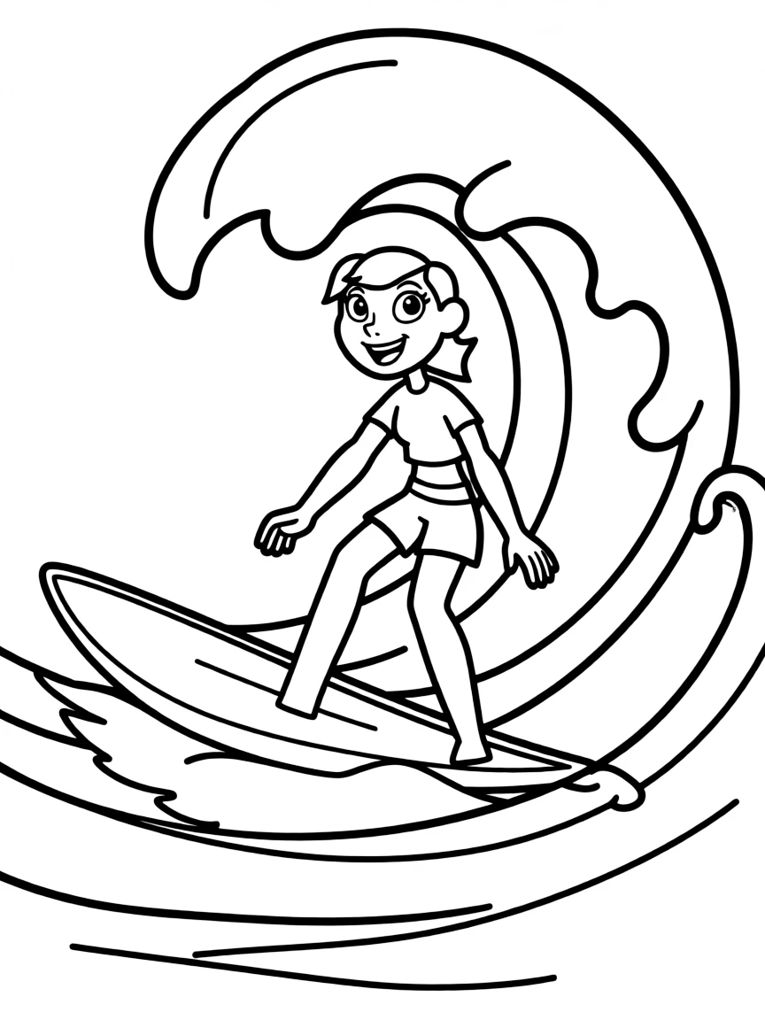 Kim Possible surfing on waves, with big bold outlines for easy coloring.