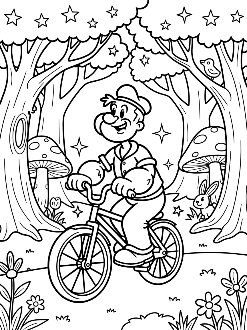 Popeye riding a bicycle, in a magical forest setting.