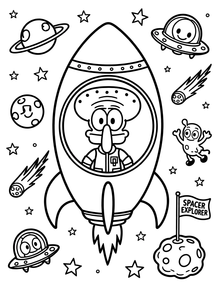Squidward Tentacles exploring space in a rocket, with fun background elements.