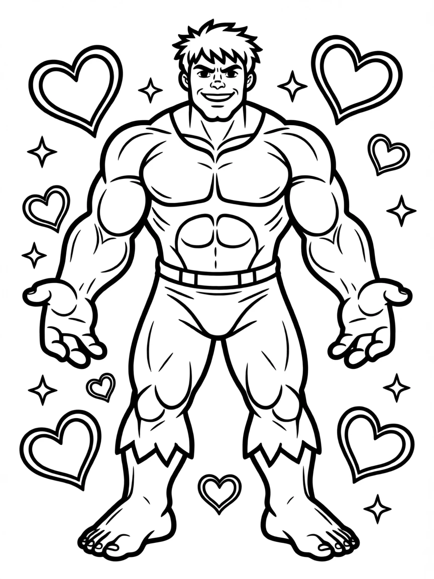 Hulk wearing a superhero costume, with hearts and sparkles around.