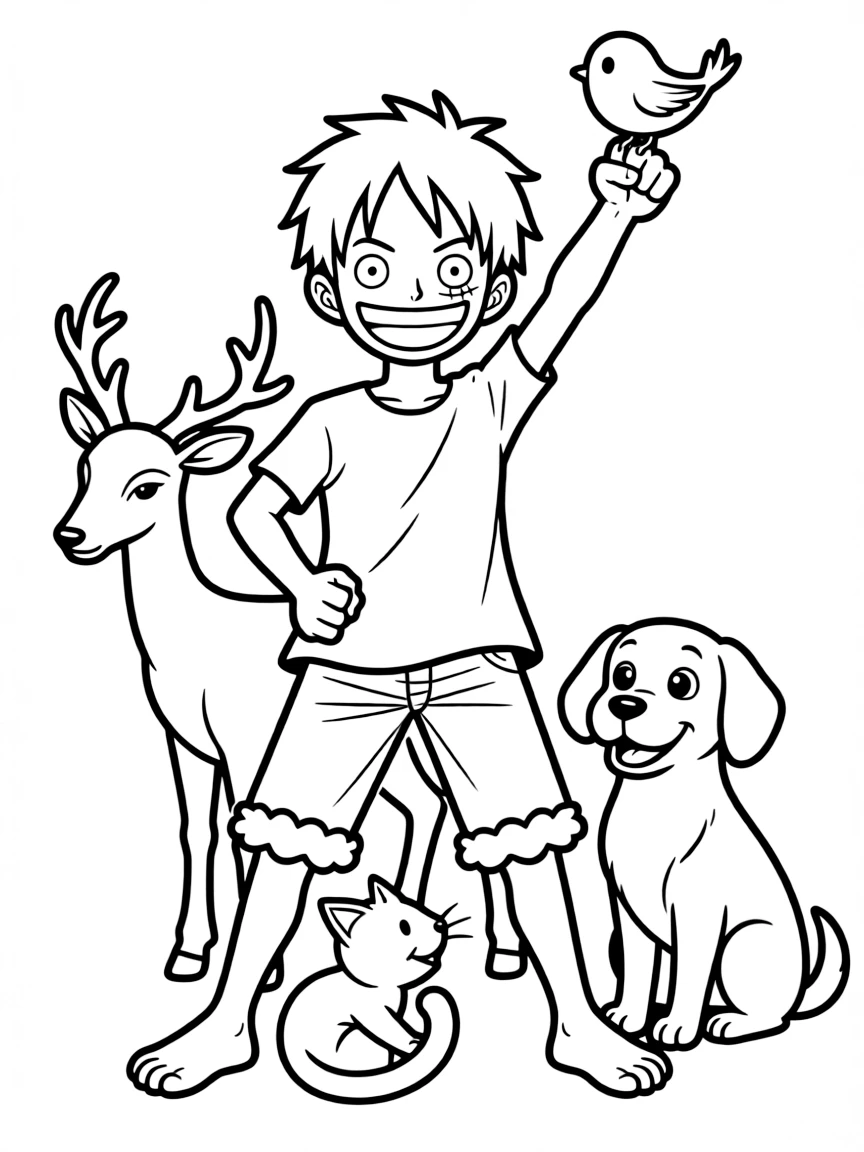 Luffy posing heroically, surrounded by friendly animals.