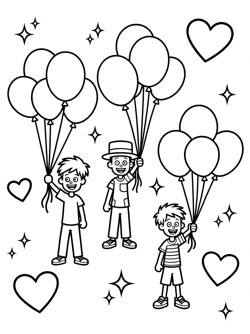 Ed, Edd n Eddy flying with balloons, with hearts and sparkles around.