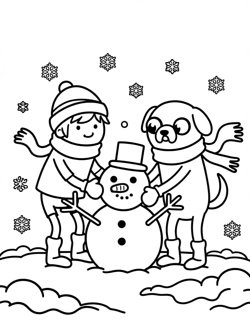 Adventure Time playing in the snow, with big bold outlines for easy coloring.