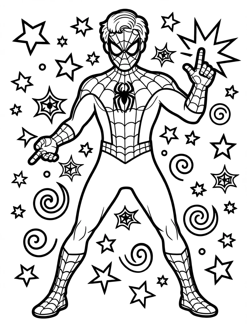 Spider-Man posing heroically, with playful patterns around.