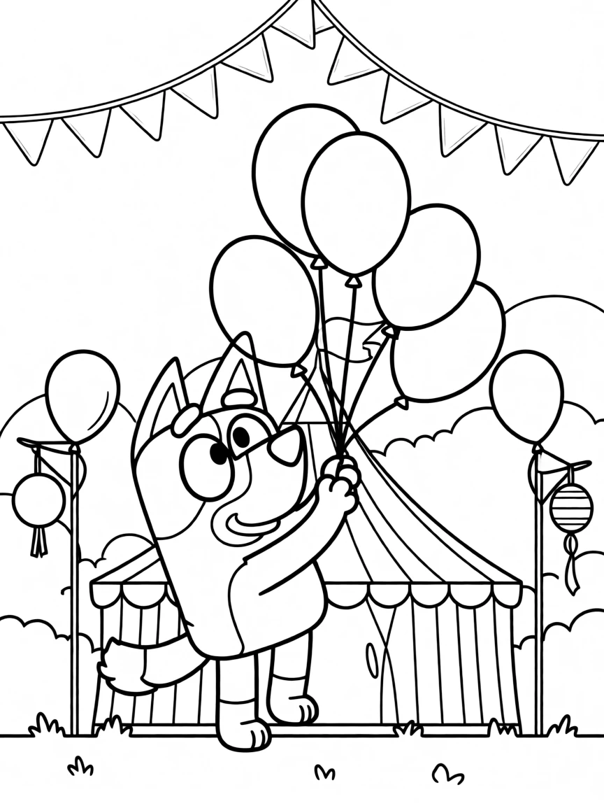 Bluey playing with balloons, at a carnival with colorful decorations.