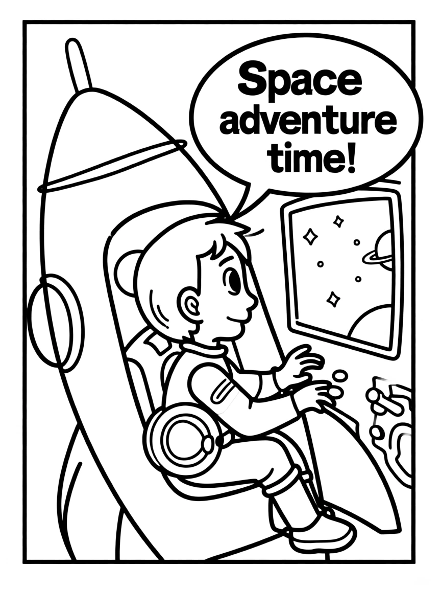 Hey Arnold! exploring space in a rocket, inside a comic book frame.