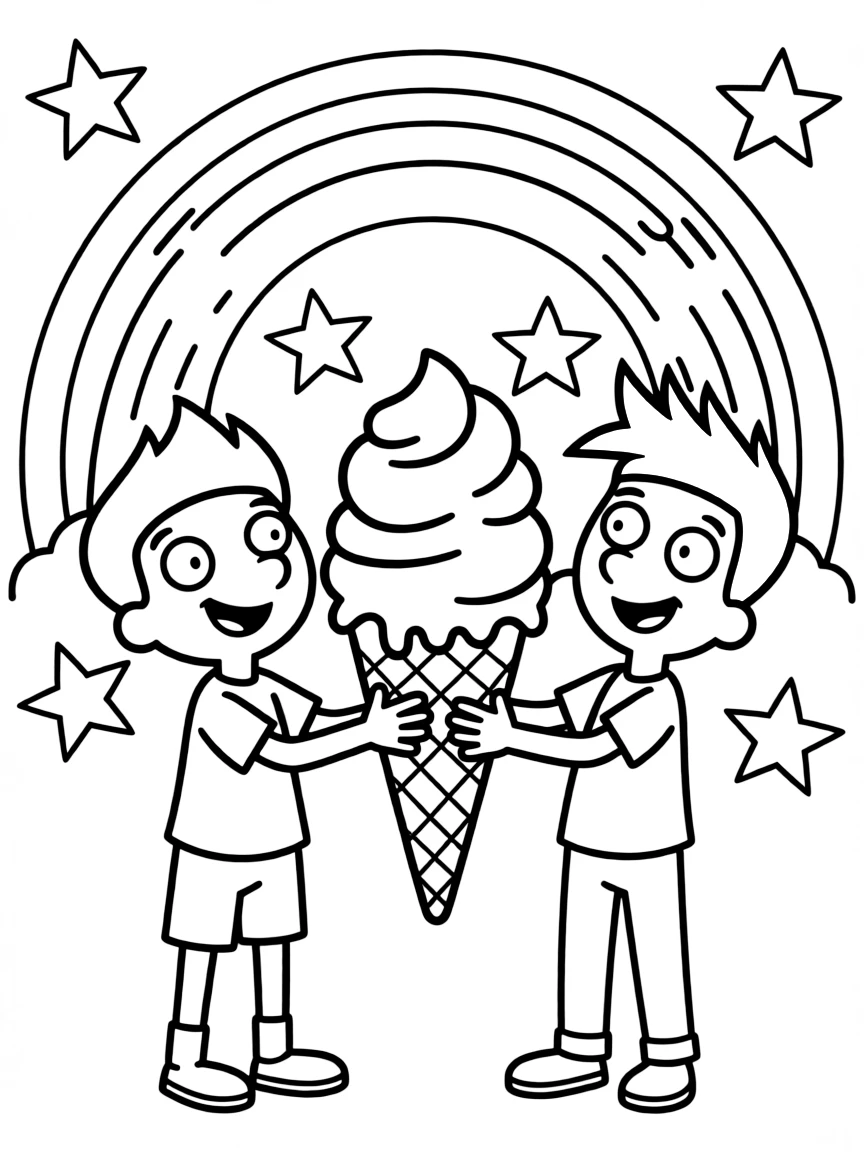 Phineas and Ferb enjoying an ice cream cone, with stars and rainbows in the background.
