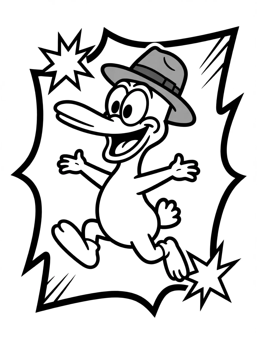 Perry the Platypus jumping with joy, inside a comic book frame.