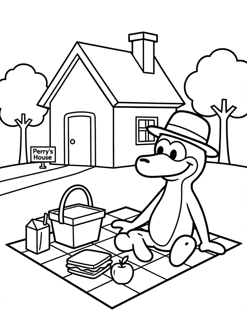 Perry the Platypus having a picnic, in front of their famous house or scene.