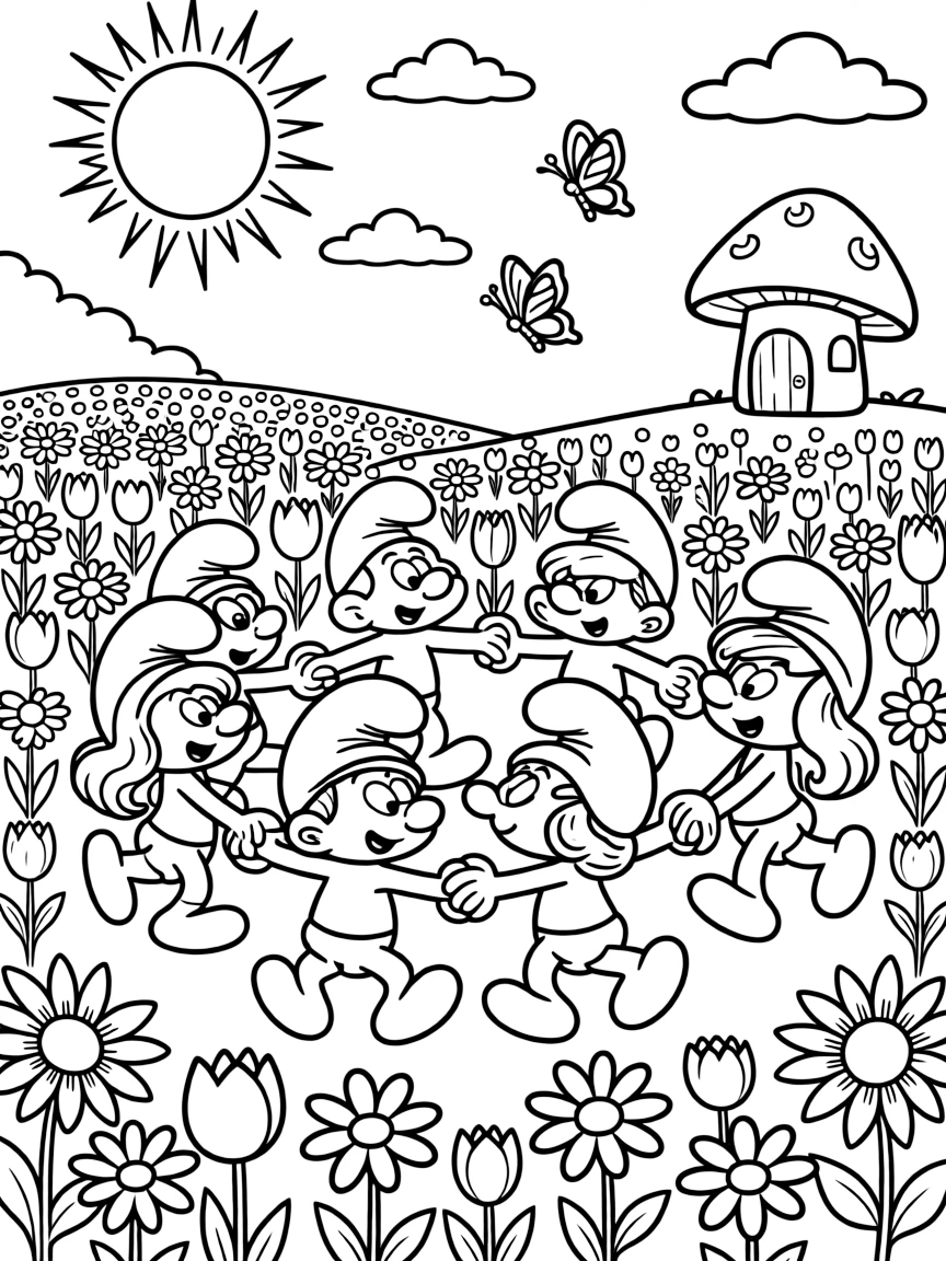 The Smurfs dancing in a field of flowers, with fun background elements.
