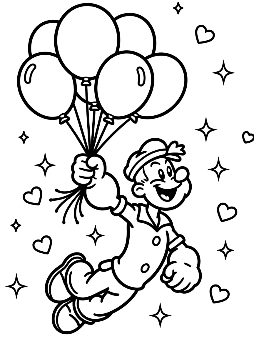 Popeye flying with balloons, with hearts and sparkles around.