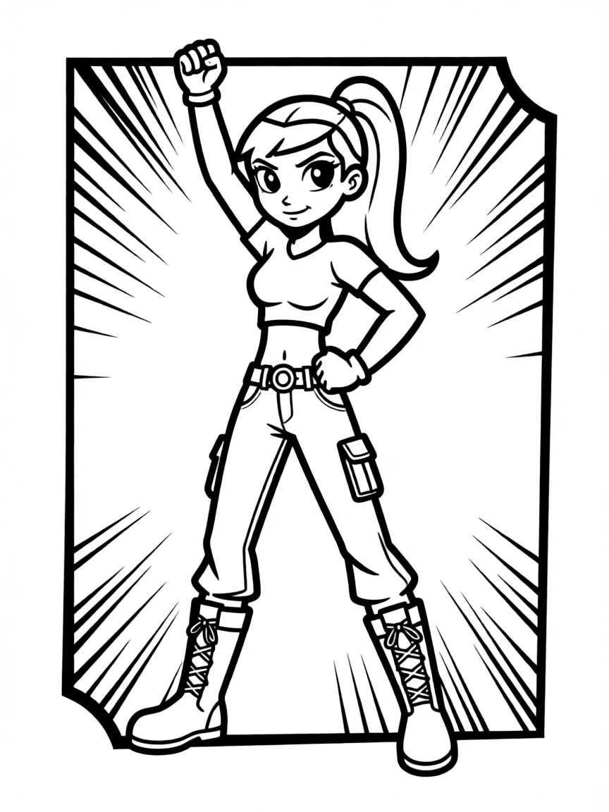 Kim Possible posing heroically, inside a comic book frame.