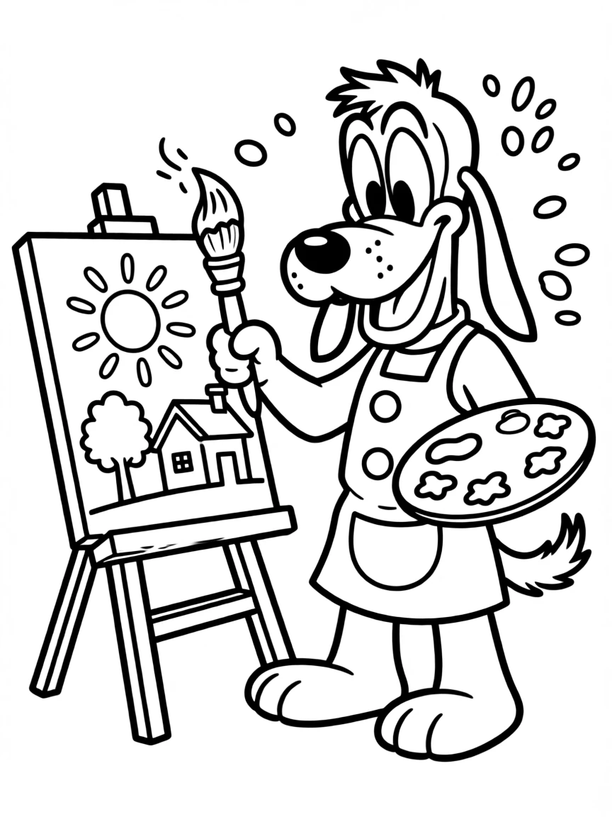 Pluto painting a picture, with big bold outlines for easy coloring.