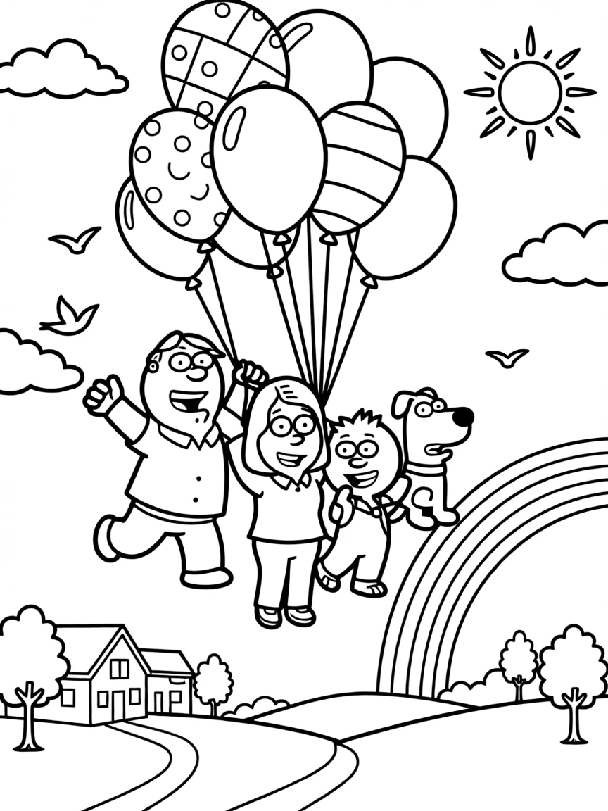 Family Guy flying with balloons, with fun background elements.
