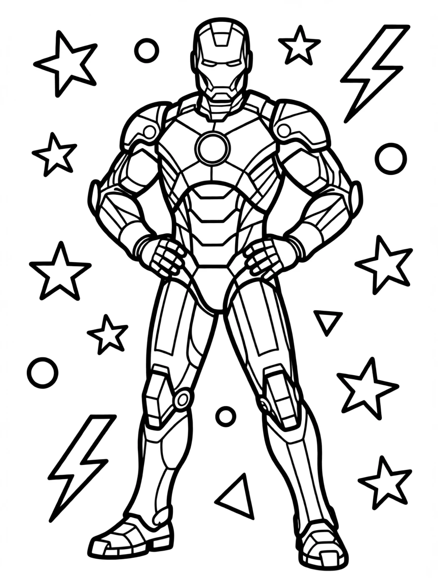 Iron Man posing heroically, with playful patterns around.