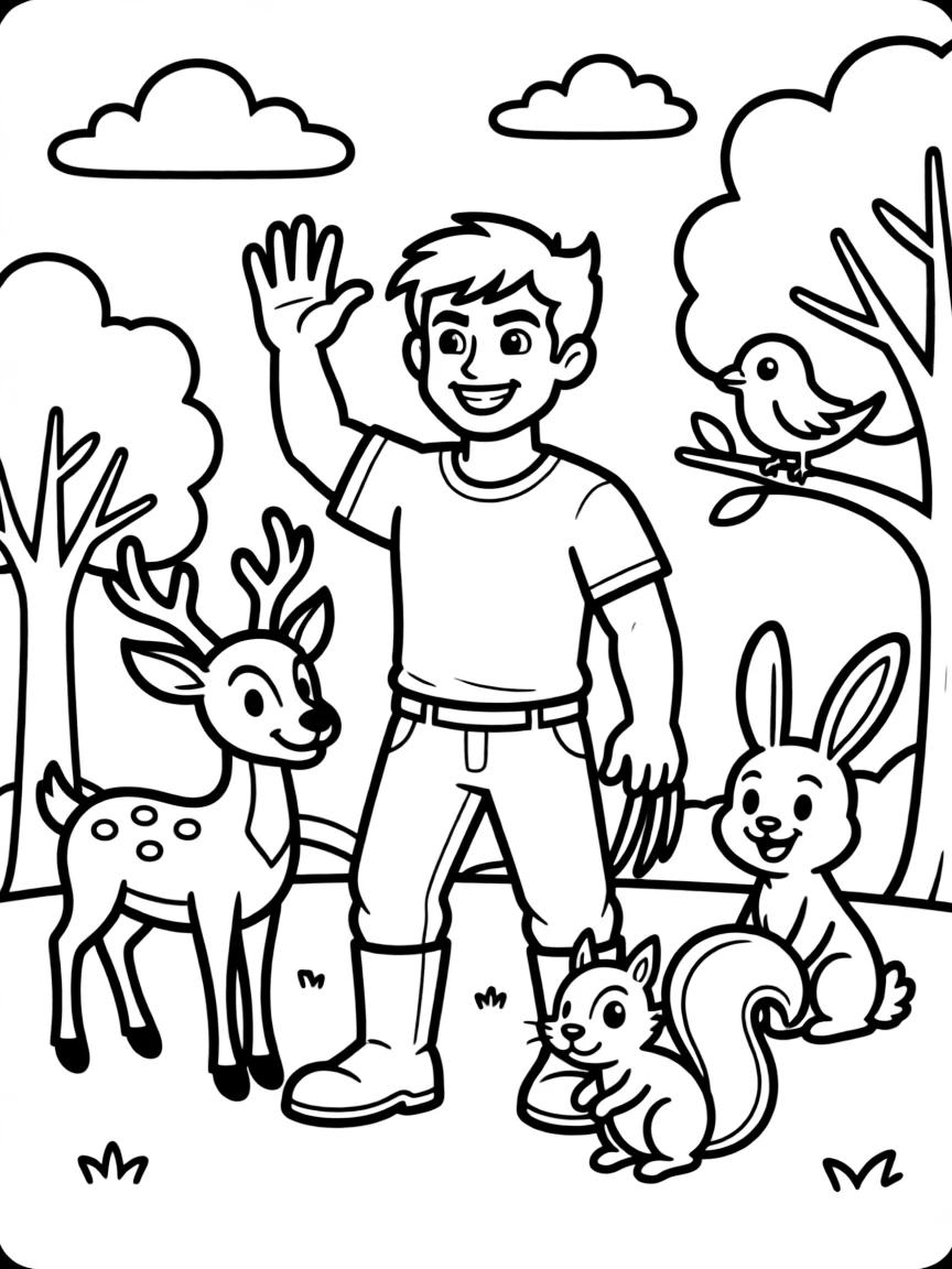 Wolverine waving hello, surrounded by friendly animals.