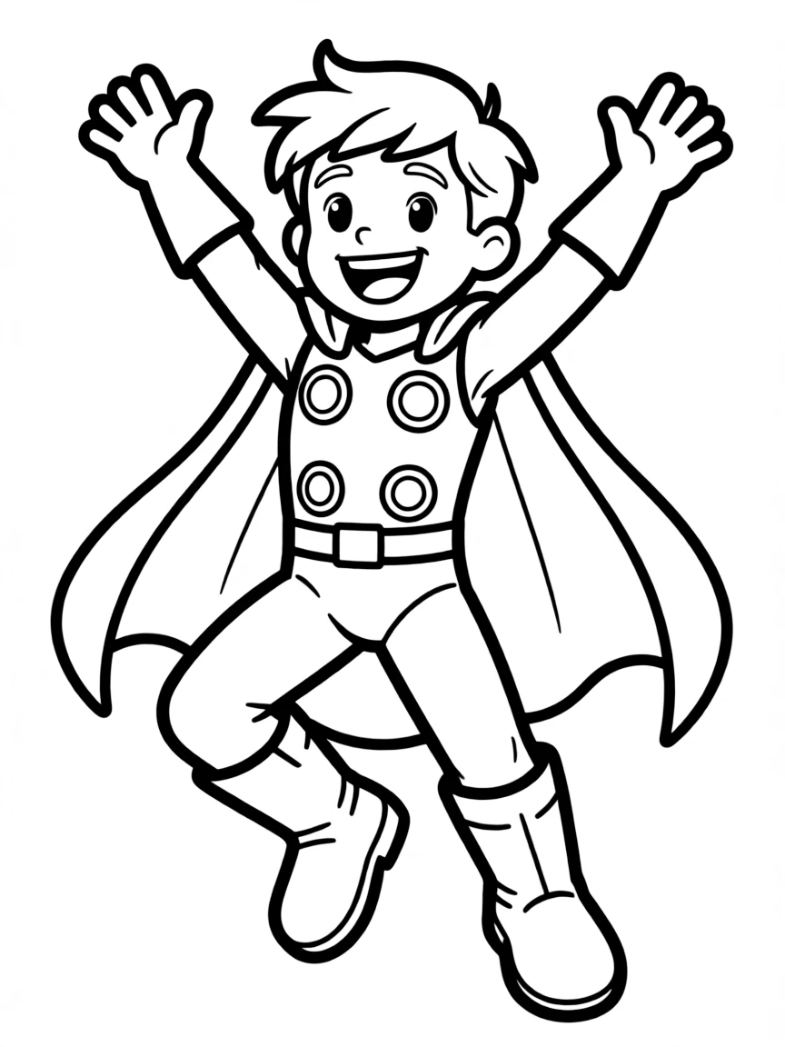Thor jumping with joy, with big bold outlines for easy coloring.