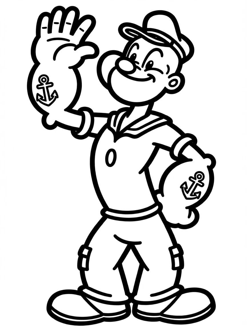 Popeye waving hello, with big bold outlines for easy coloring.