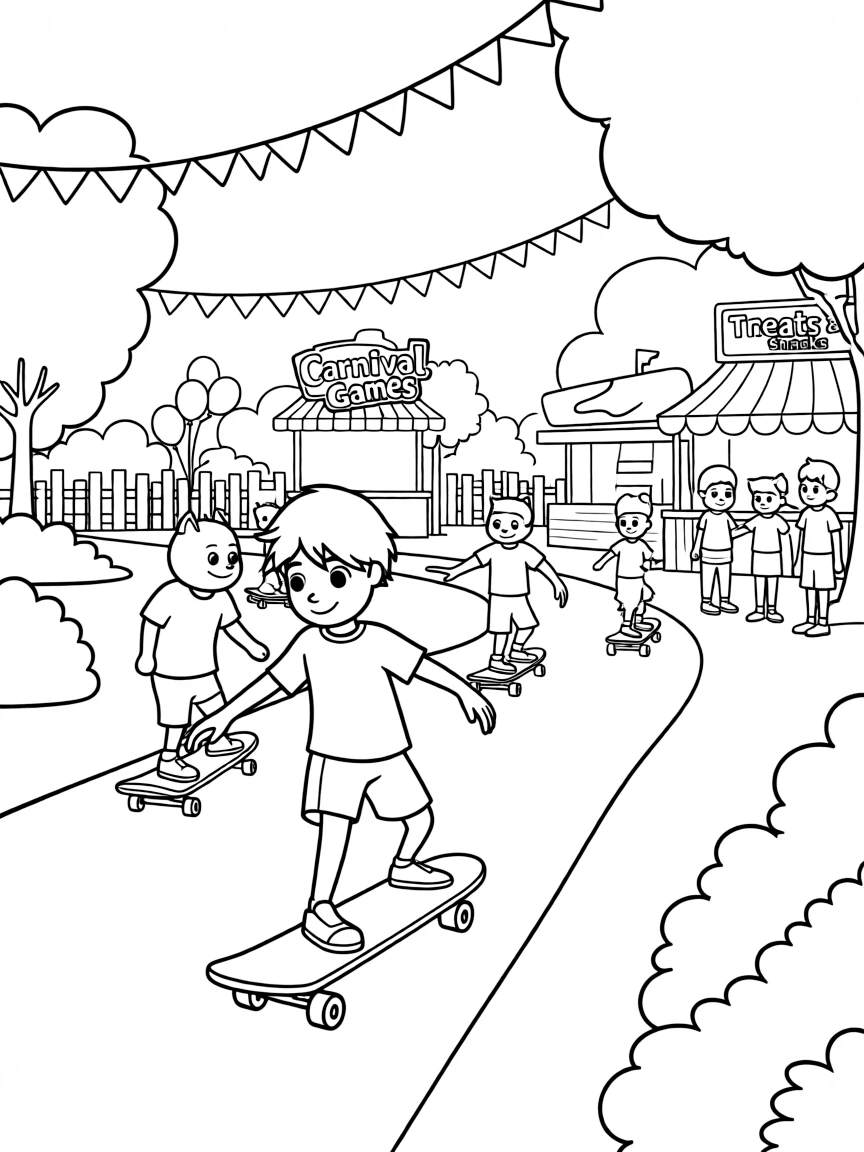 Zootopia skateboarding in the park, at a carnival with colorful decorations.