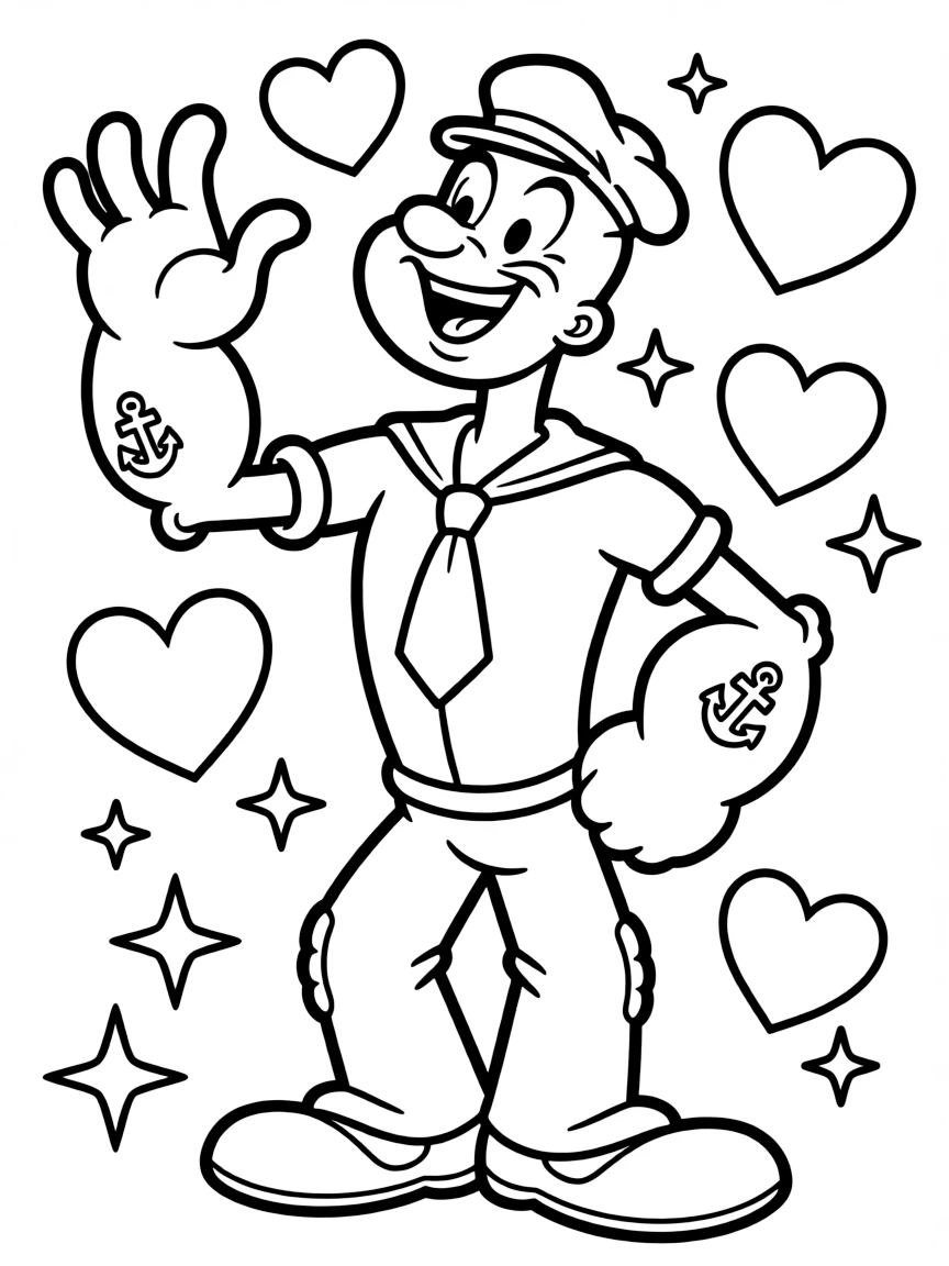 Popeye waving hello, with hearts and sparkles around.