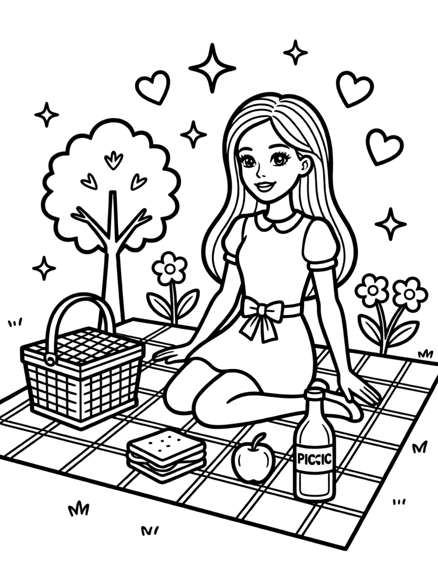 Barbie having a picnic, with hearts and sparkles around.