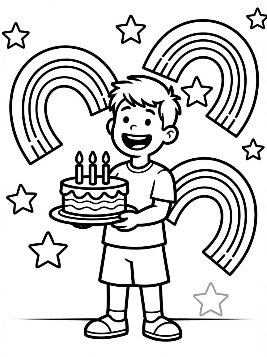 Fred celebrating a birthday, with stars and rainbows in the background.