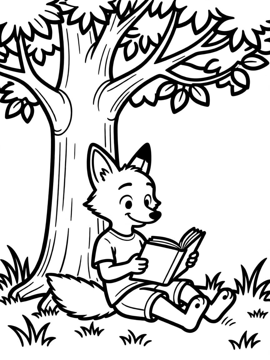 Zootopia reading a book under a tree, with big bold outlines for easy coloring.