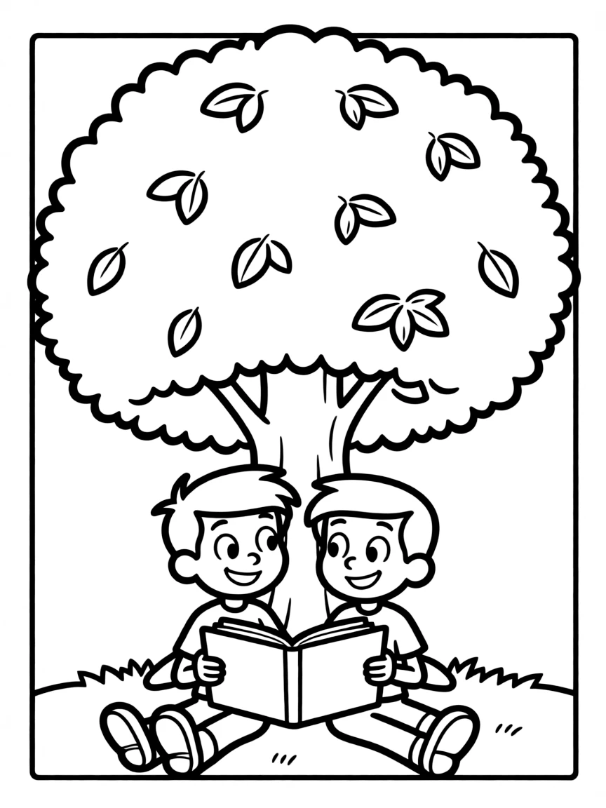 Fairly OddParents reading a book under a tree, with big bold outlines for easy coloring.