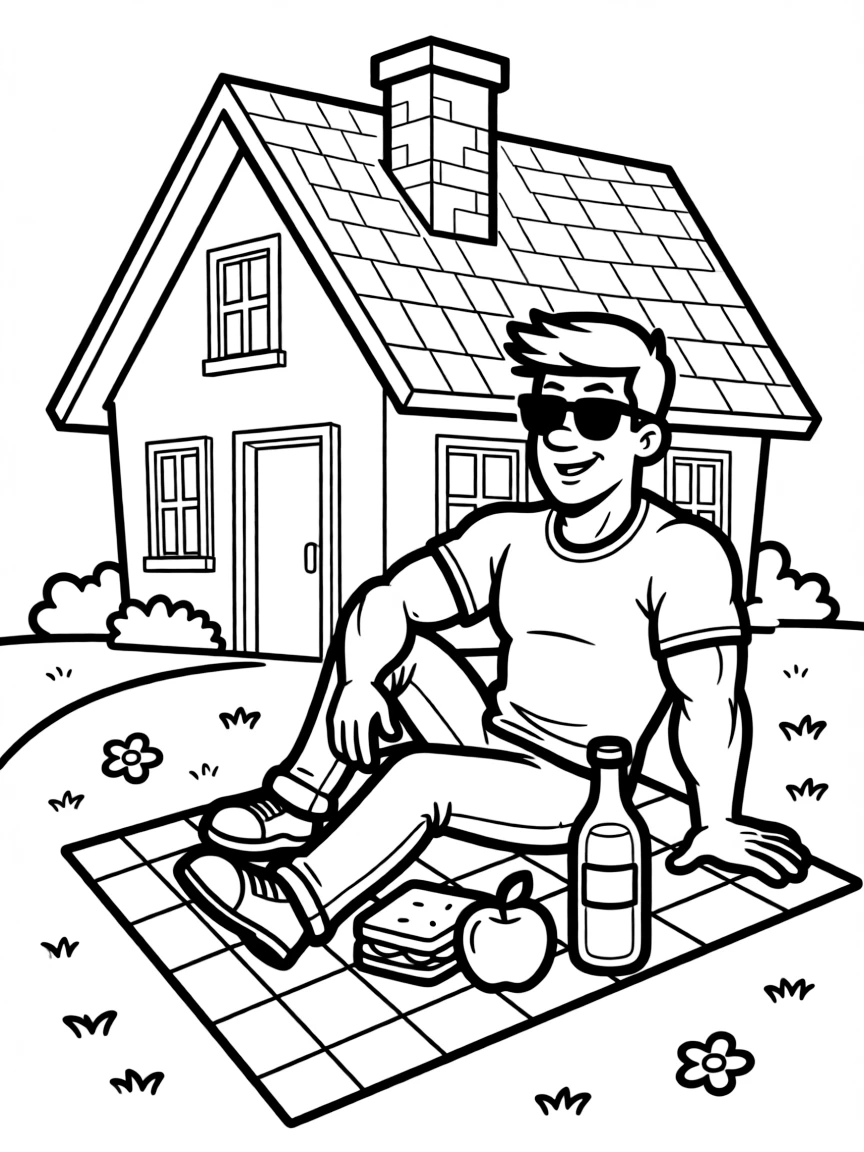 Johnny Bravo having a picnic, in front of their famous house or scene.