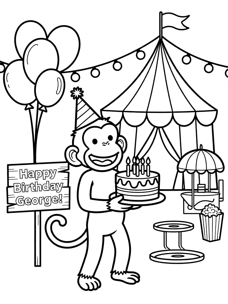 Curious George celebrating a birthday, at a carnival with colorful decorations.