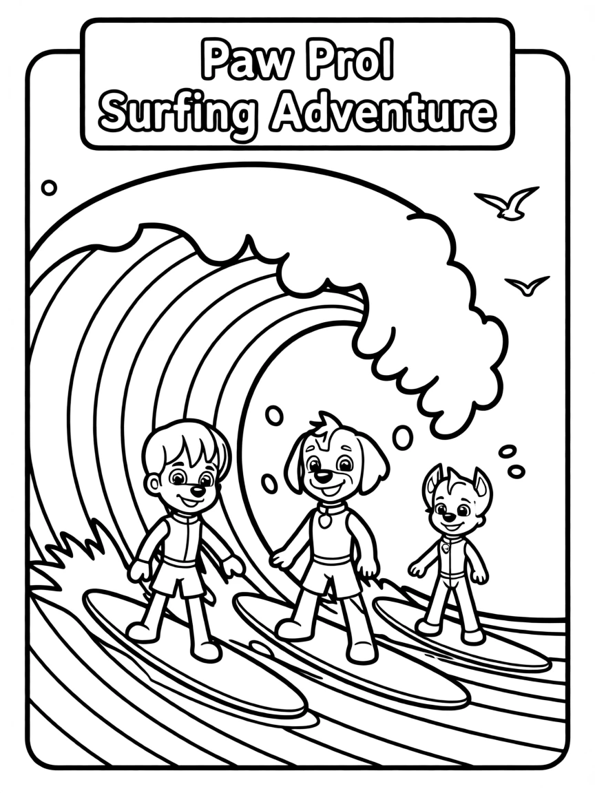 Paw Patrol surfing on waves, inside a comic book frame.