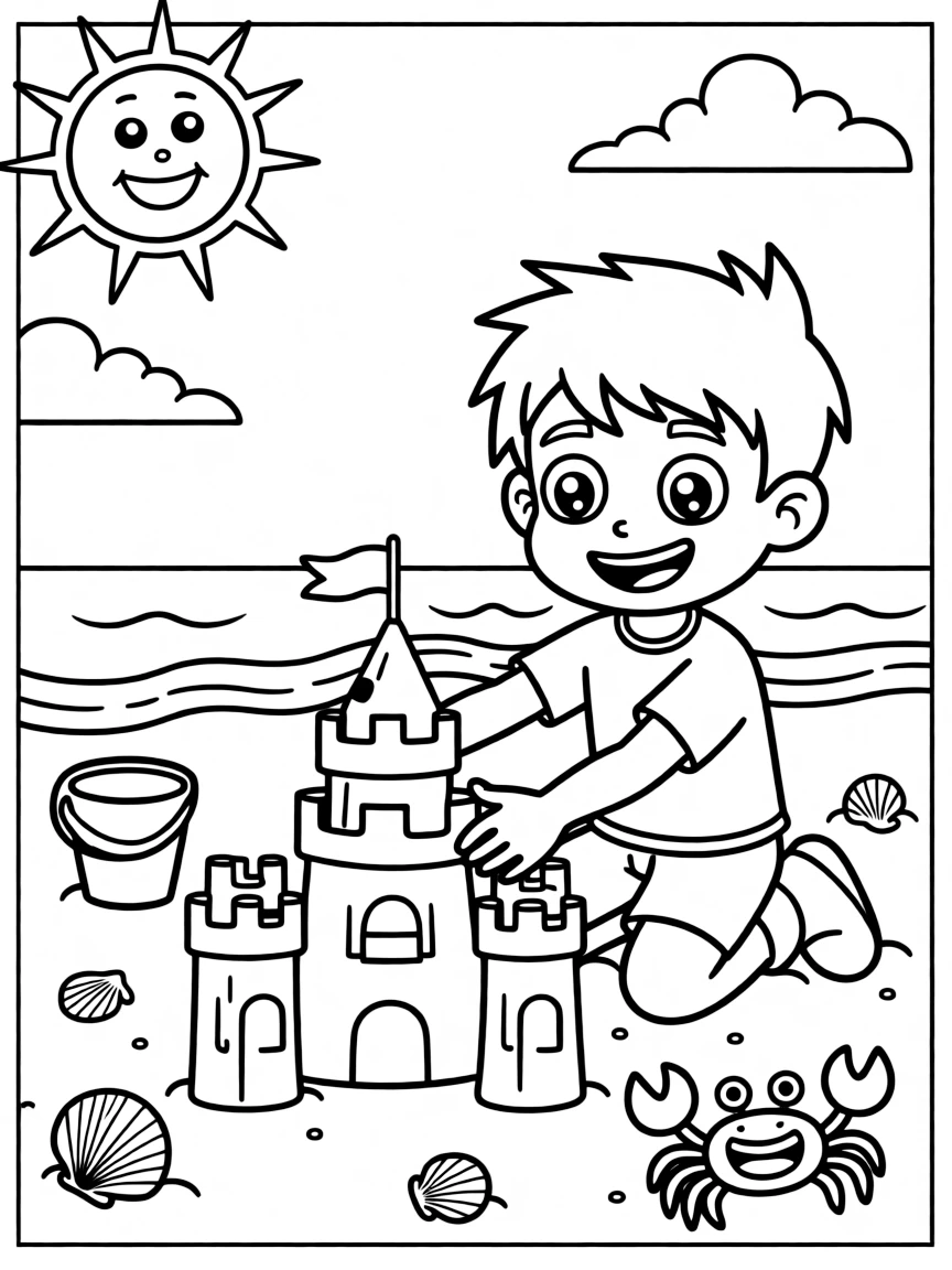 Ben 10 building a sandcastle, with fun background elements.