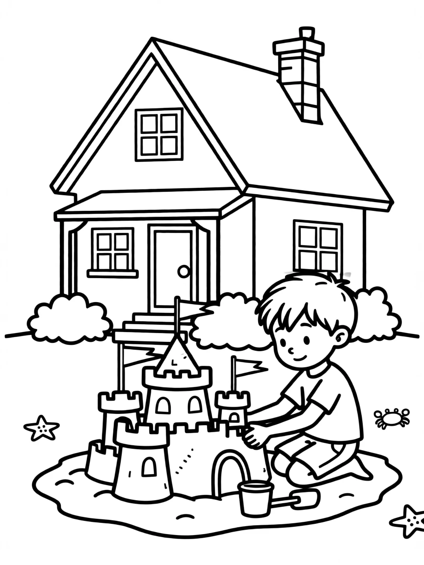 Ben 10 building a sandcastle, in front of their famous house or scene.