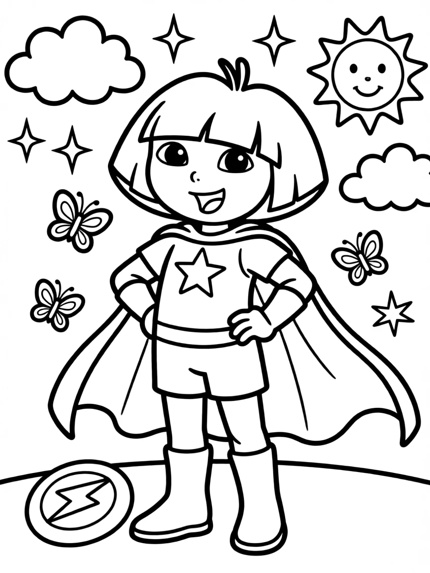 Dora the Explorer wearing a superhero costume, with fun background elements.