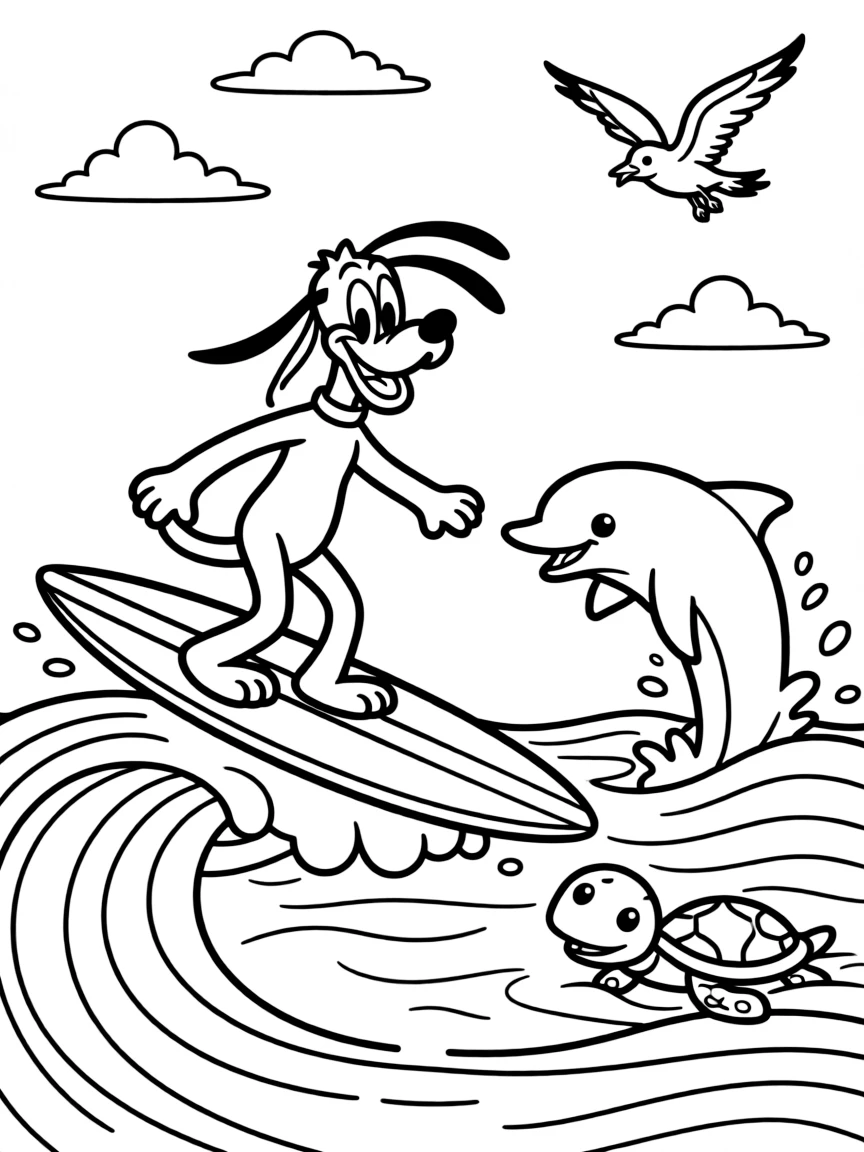 Pluto surfing on waves, surrounded by friendly animals.
