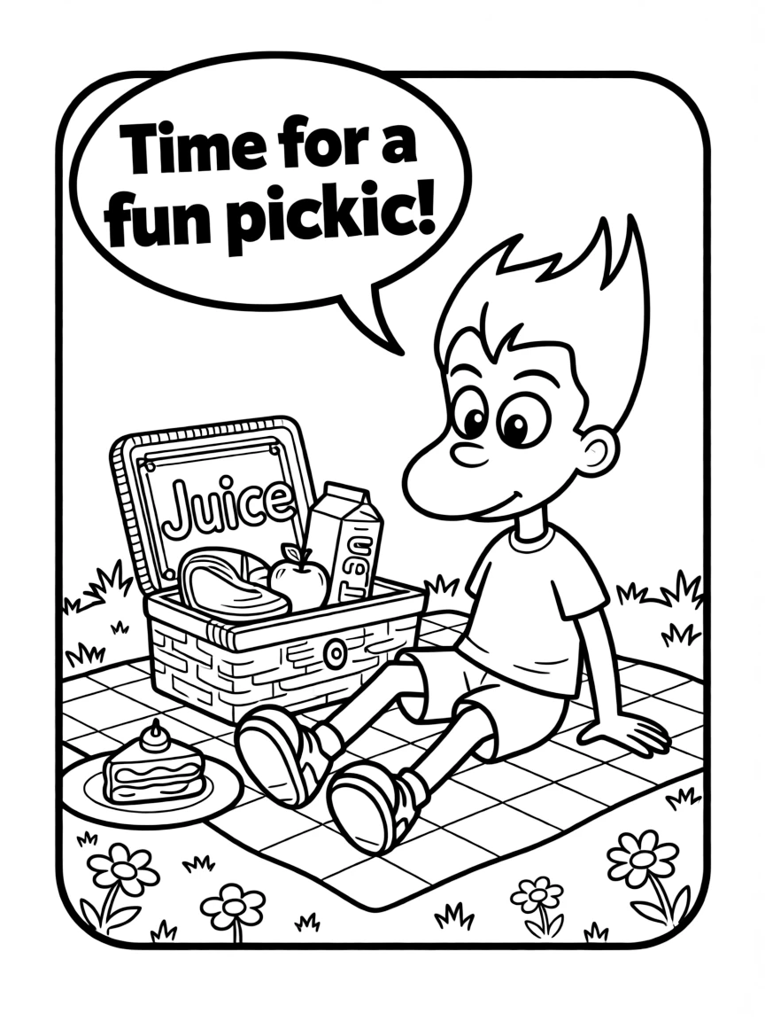 Jimmy Neutron having a picnic, inside a comic book frame.