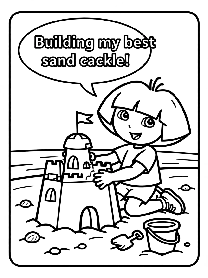 Dora the Explorer building a sandcastle, inside a comic book frame.