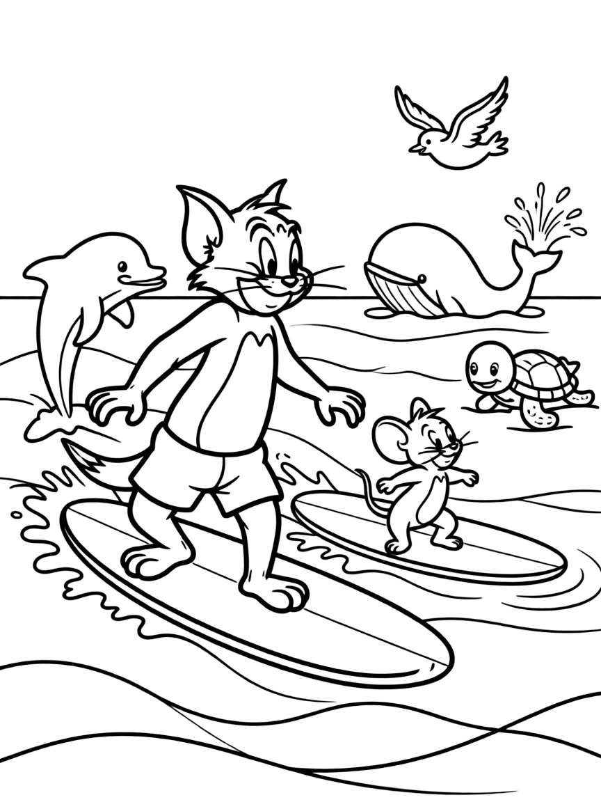 Tom and Jerry surfing on waves, surrounded by friendly animals.