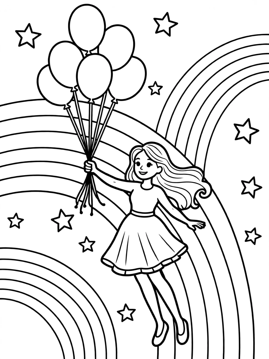 Barbie flying with balloons, with stars and rainbows in the background.