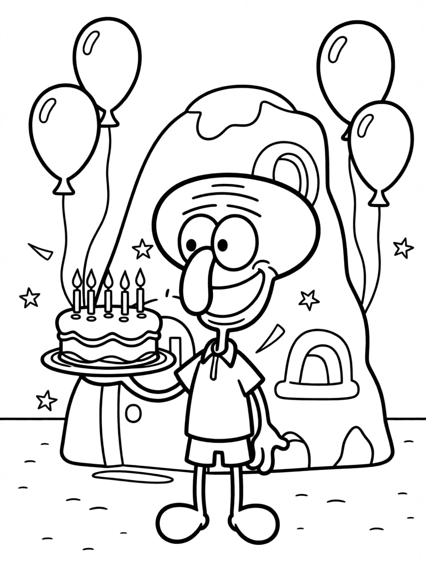 Squidward Tentacles celebrating a birthday, in front of their famous house or scene.