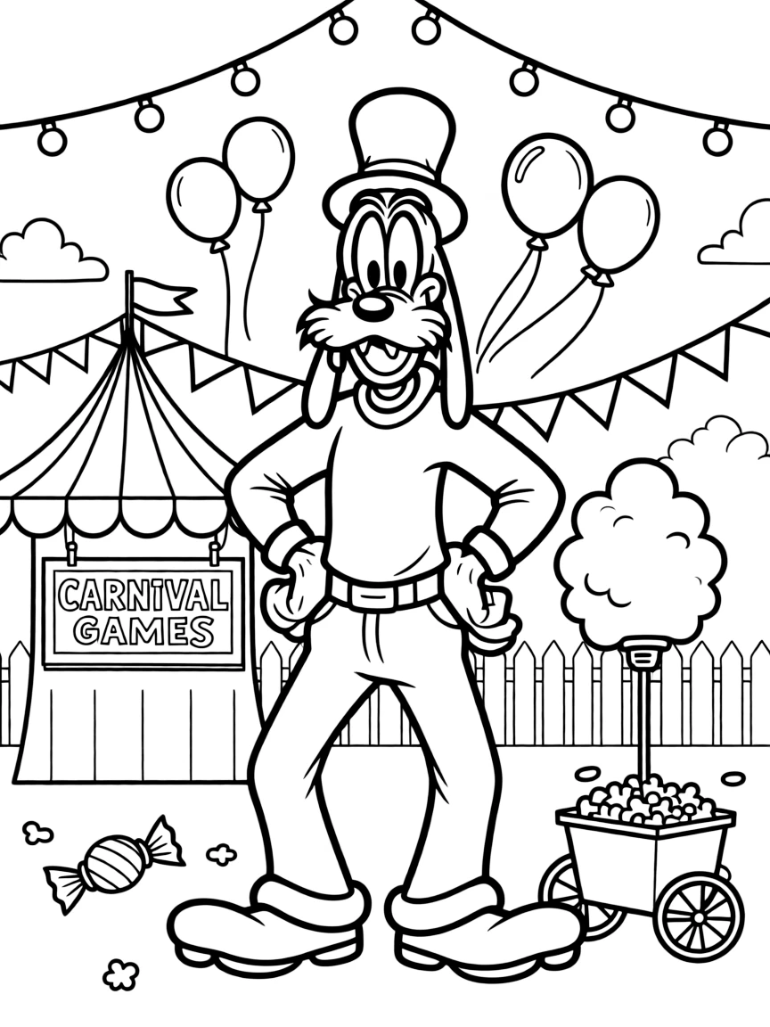 Goofy posing heroically, at a carnival with colorful decorations.
