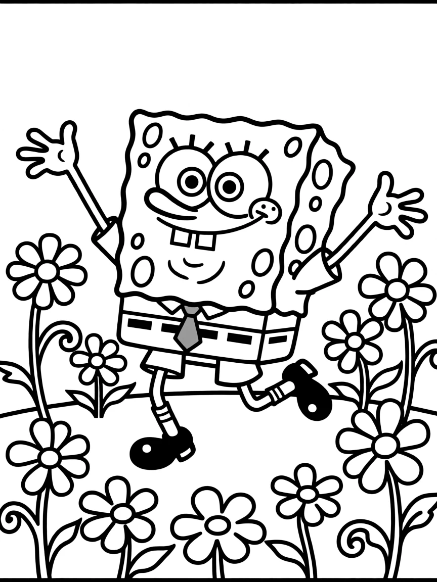 SpongeBob SquarePants dancing in a field of flowers, with big bold outlines for easy coloring.