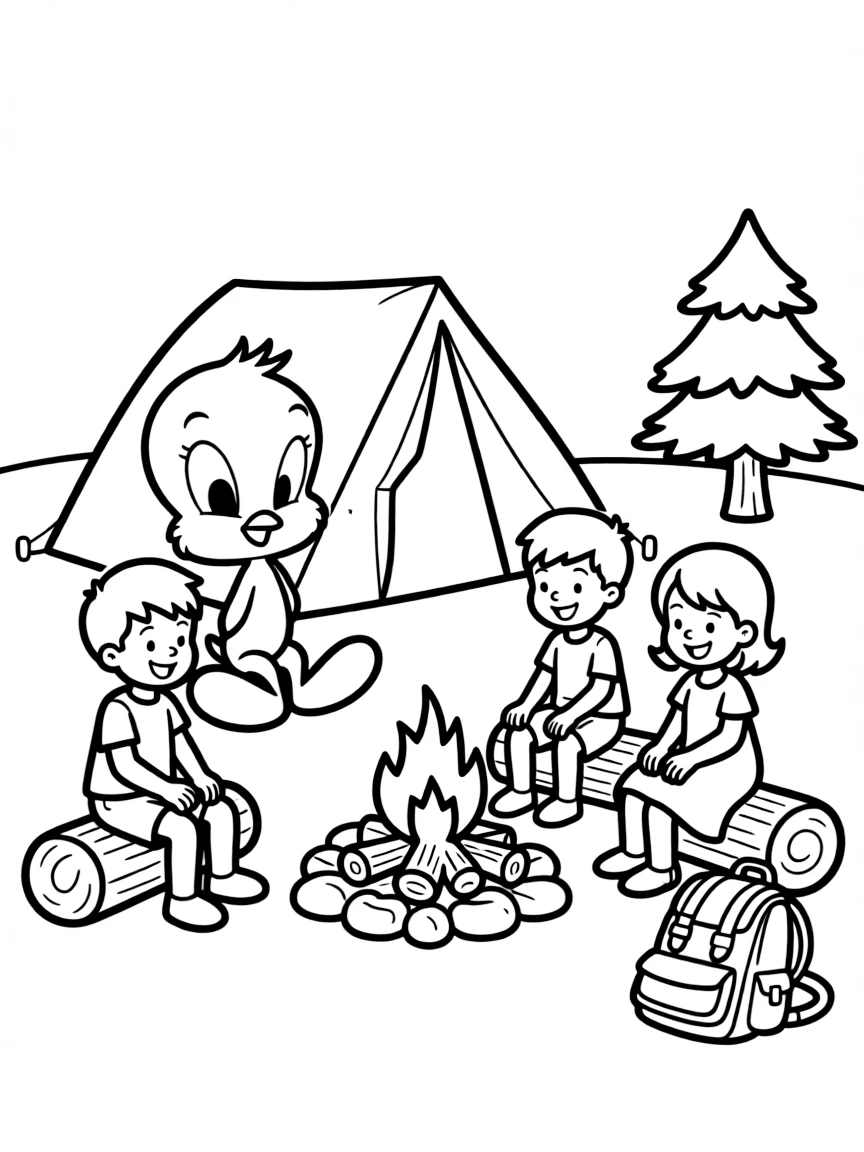 Tweety Bird camping with friends, with big bold outlines for easy coloring.