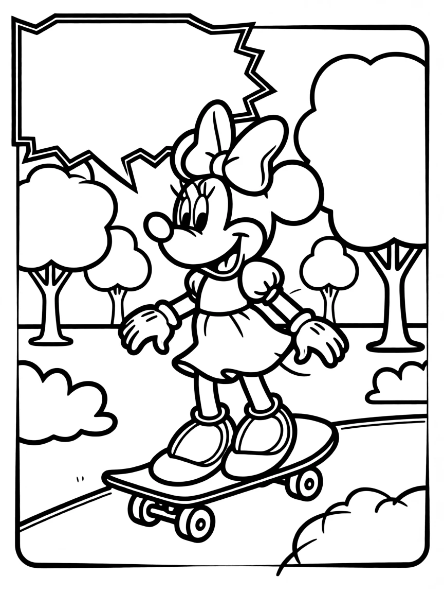 Minnie Mouse skateboarding in the park, inside a comic book frame.