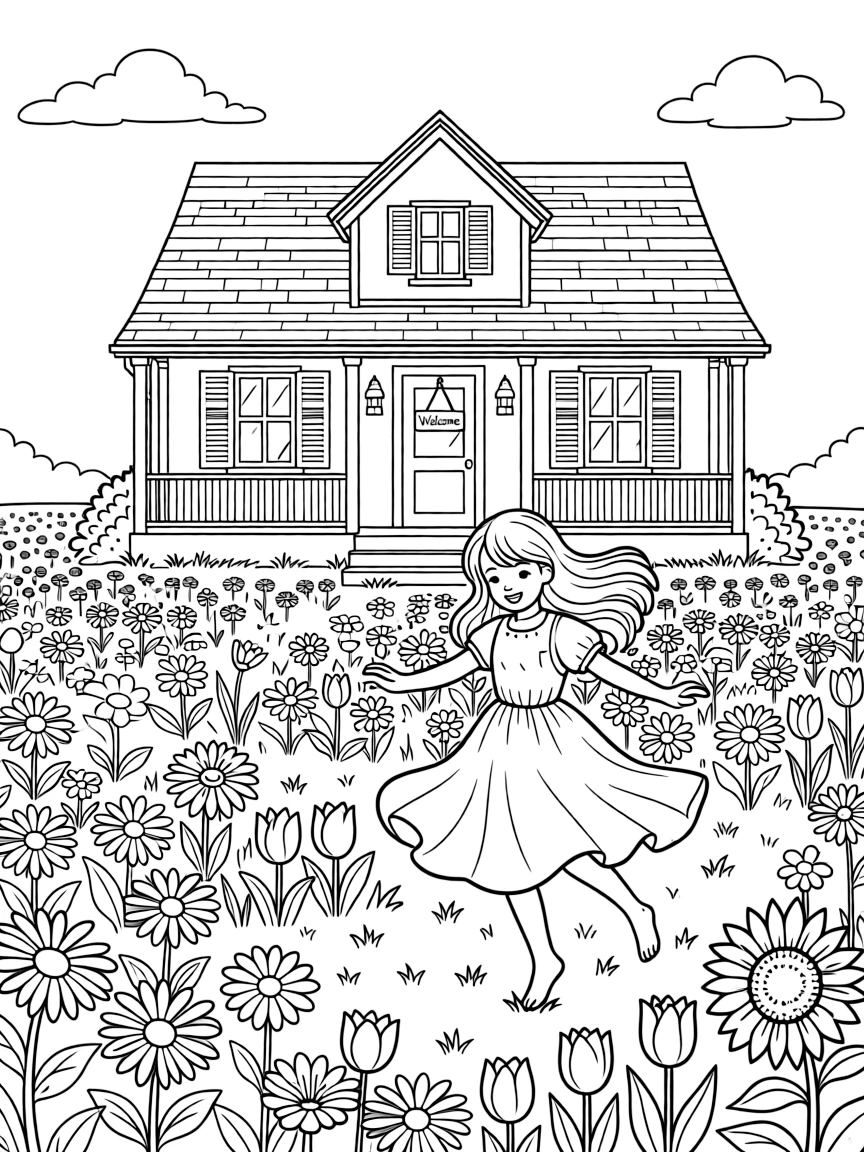 Daphne dancing in a field of flowers, in front of their famous house or scene.
