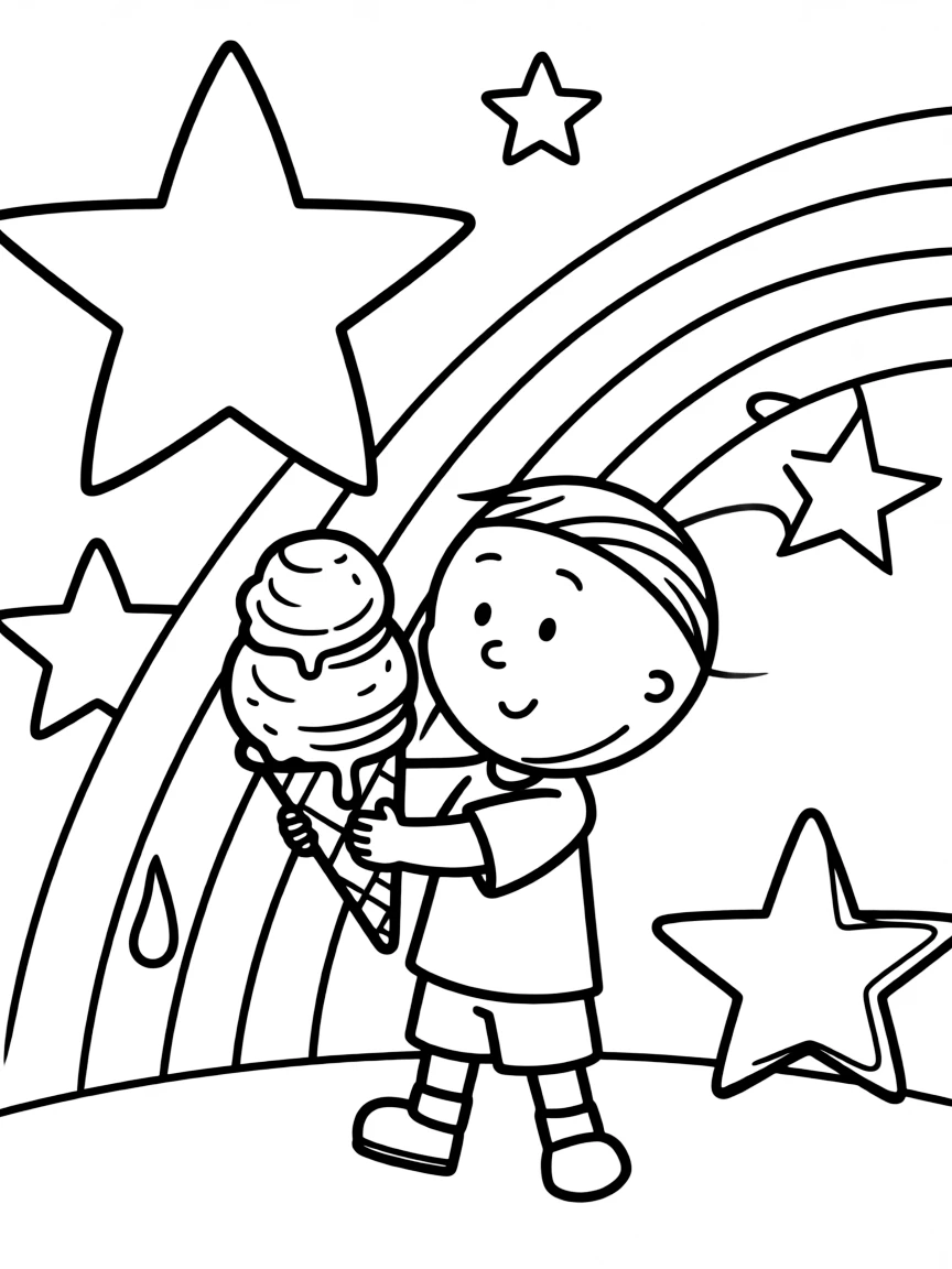 Caillou enjoying an ice cream cone, with stars and rainbows in the background.