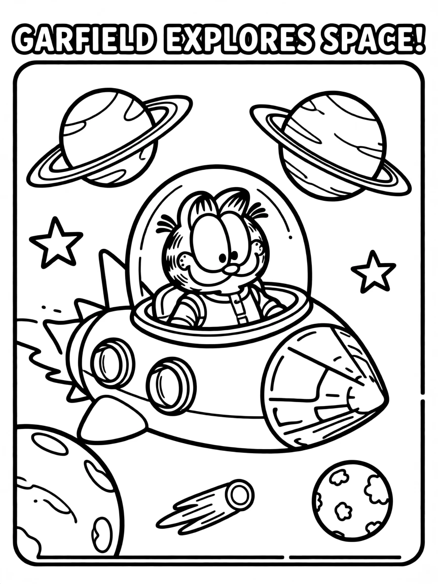 Garfield exploring space in a rocket, inside a comic book frame.