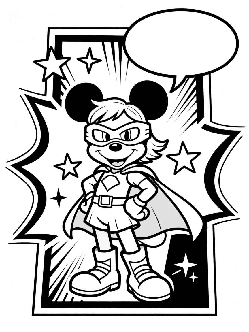 Minnie Mouse wearing a superhero costume, inside a comic book frame.
