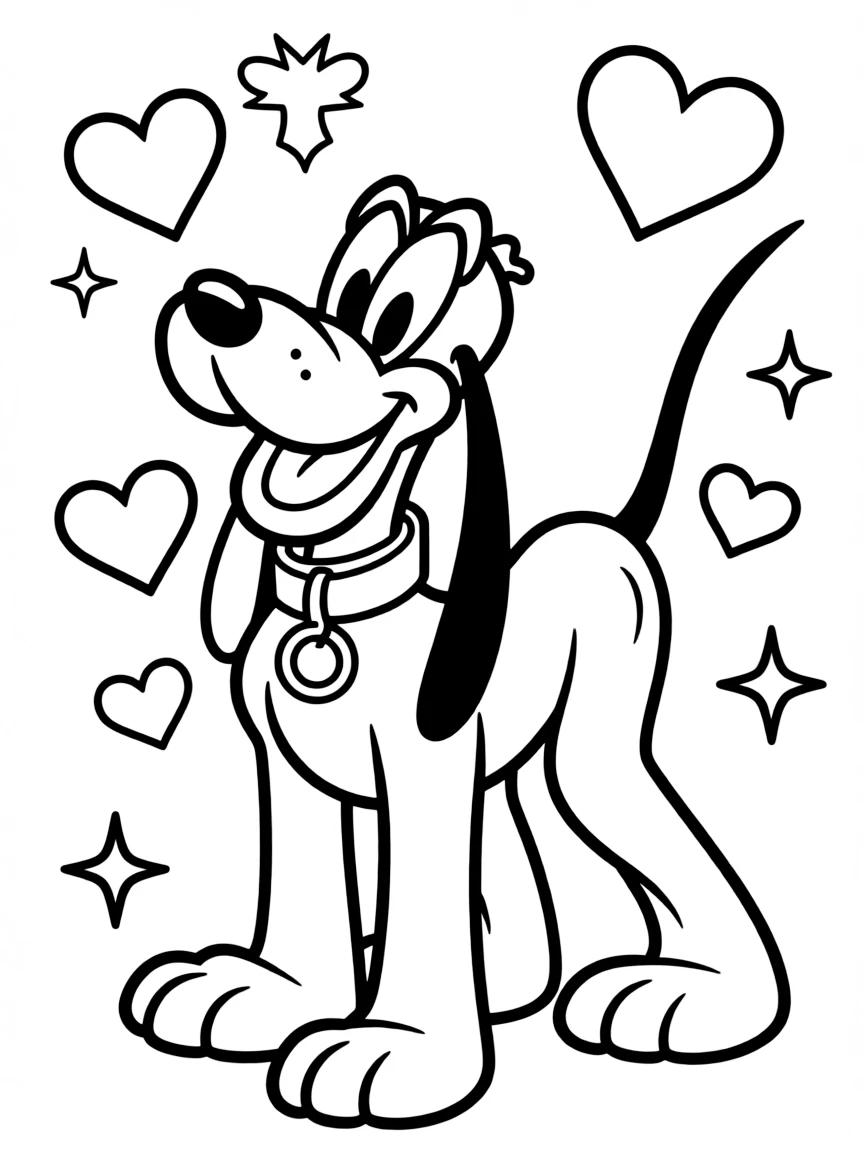 Pluto posing heroically, with hearts and sparkles around.